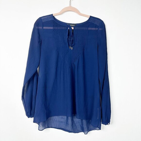 2/$30 White House Black Market Long Sleeve Tie Neck Blouse Endless Blue 4 #A0043 - Picture 3 of 9
